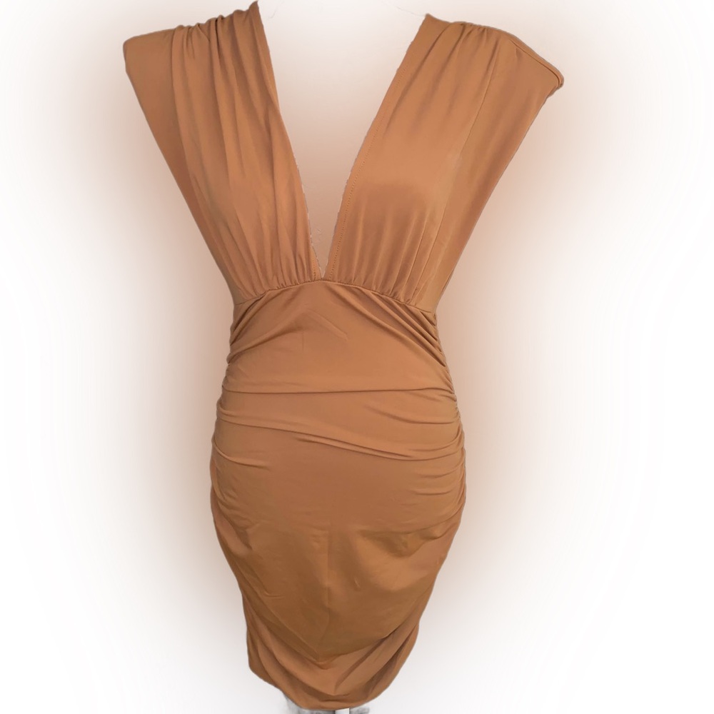 SHEIN Brown Ruched Bodycon Mini Dress | Size Medium | Deep V Neck